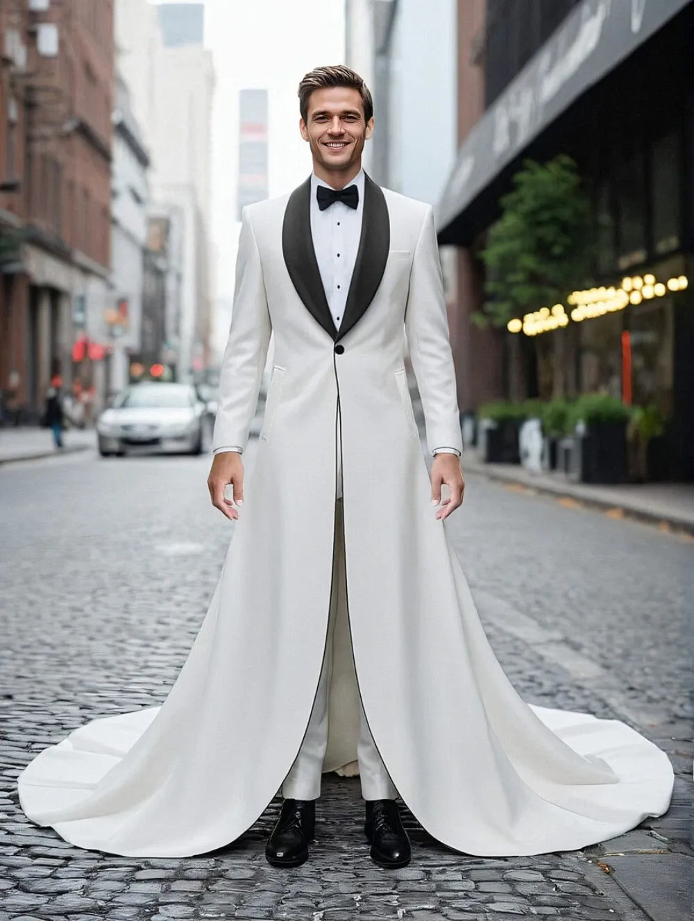 Fashion Style Men's Long Train Jacket Pant Set – 2-Piece Single Breasted Church Tail Suit for Formal Events