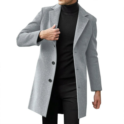 Men’s Single-Breasted Trench Coat – Classic Notch Lapel Long Pea Overcoat for Casual & Formal Wear