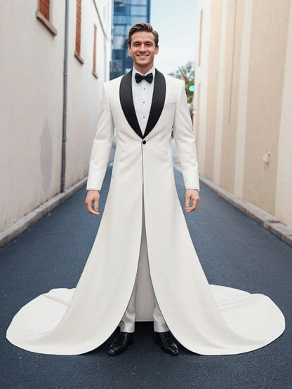 Fashion Style Men's Long Train Jacket Pant Set – 2-Piece Single Breasted Church Tail Suit for Formal Events
