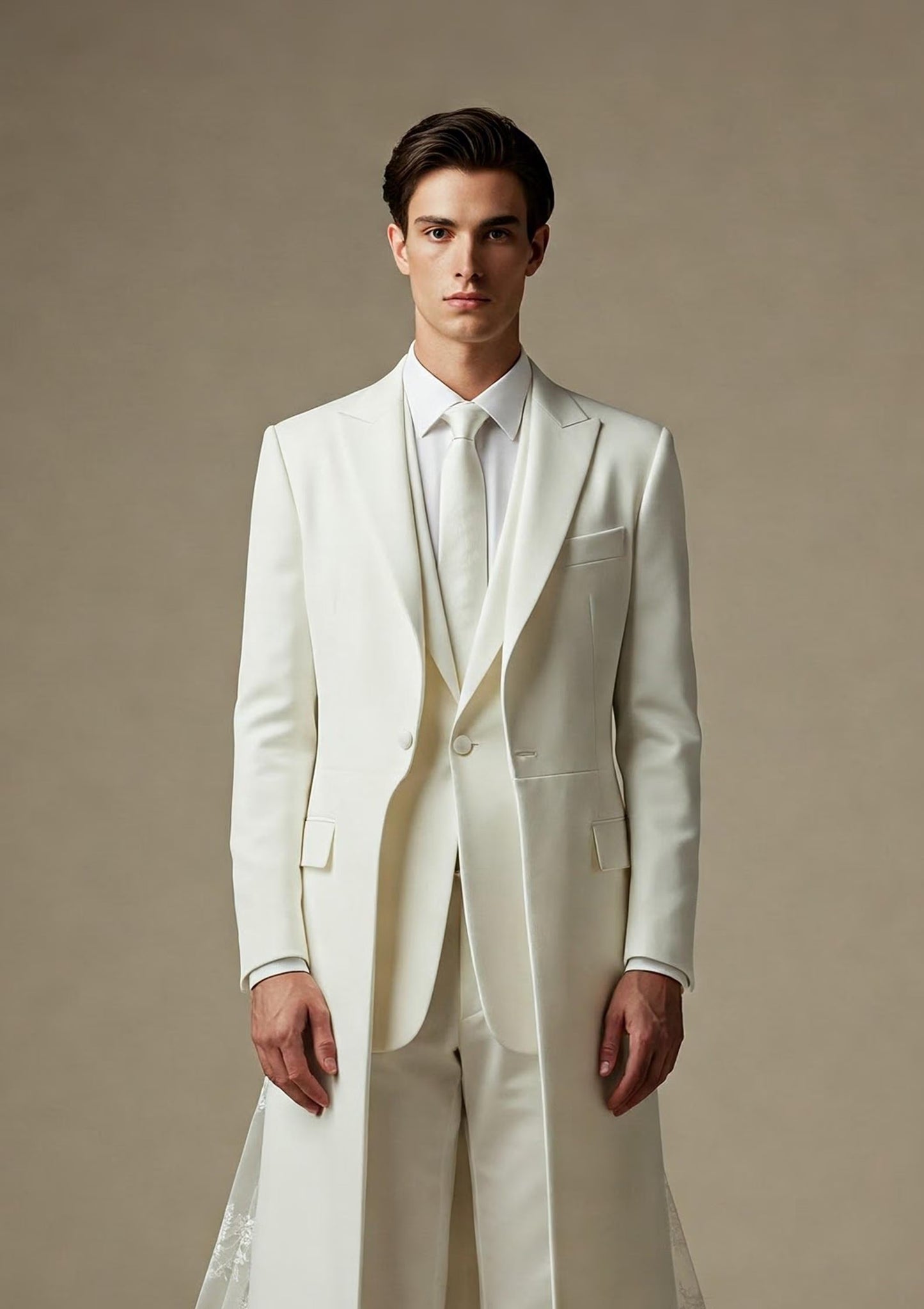 Men's Wedding Suit with Detachable Lace Veil and Sleeveless Jacket – Elegant Formalwear for Groom