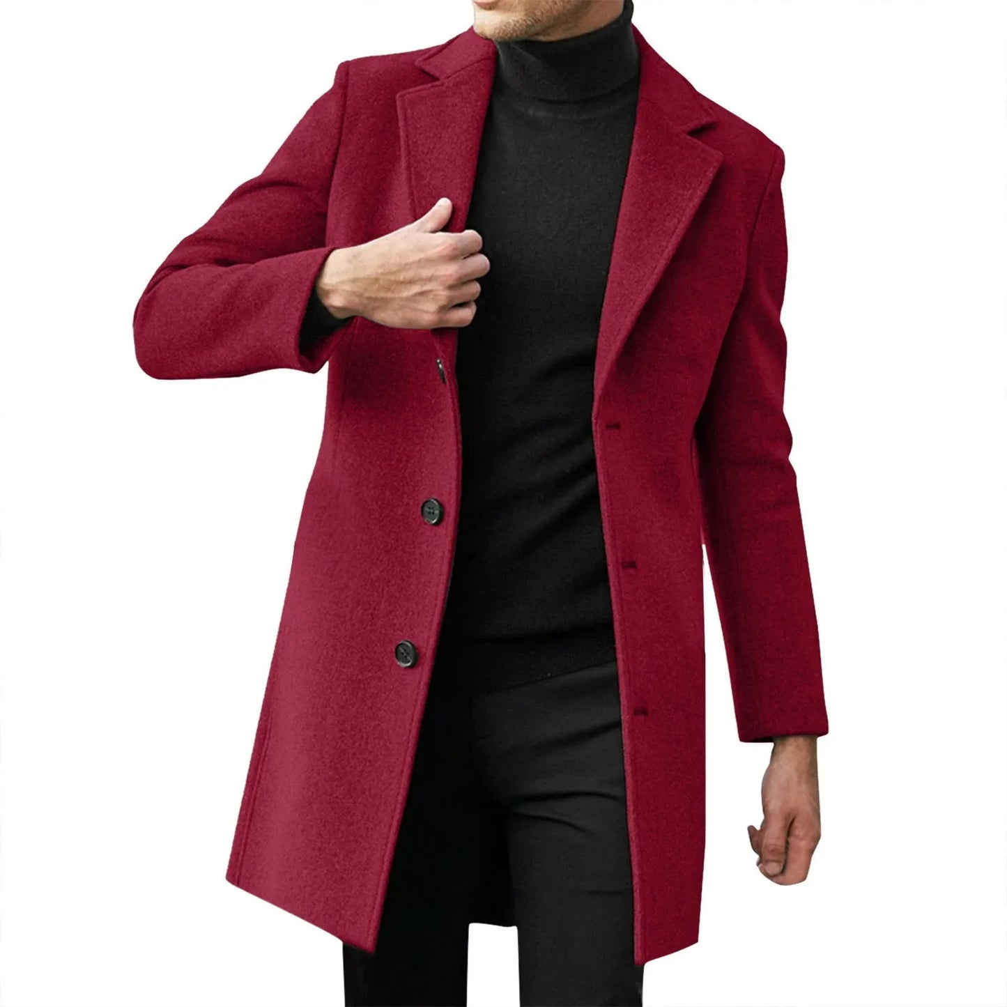 Men’s Single-Breasted Trench Coat – Classic Notch Lapel Long Pea Overcoat for Casual & Formal Wear