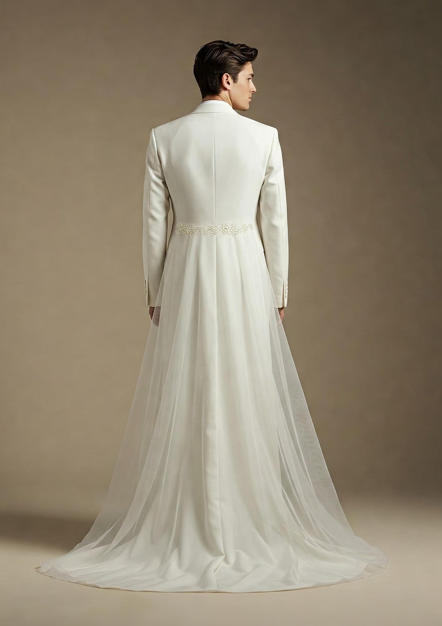 Men's Wedding Suit with Detachable Lace Veil and Sleeveless Jacket – Elegant Formalwear for Groom