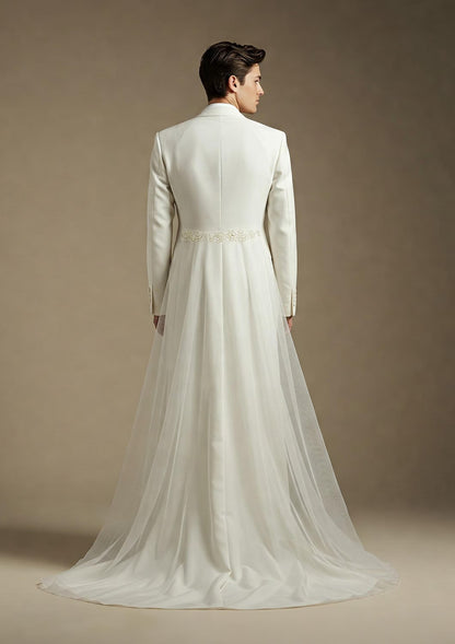 Men's Wedding Suit with Detachable Lace Veil and Sleeveless Jacket – Elegant Formalwear for Groom