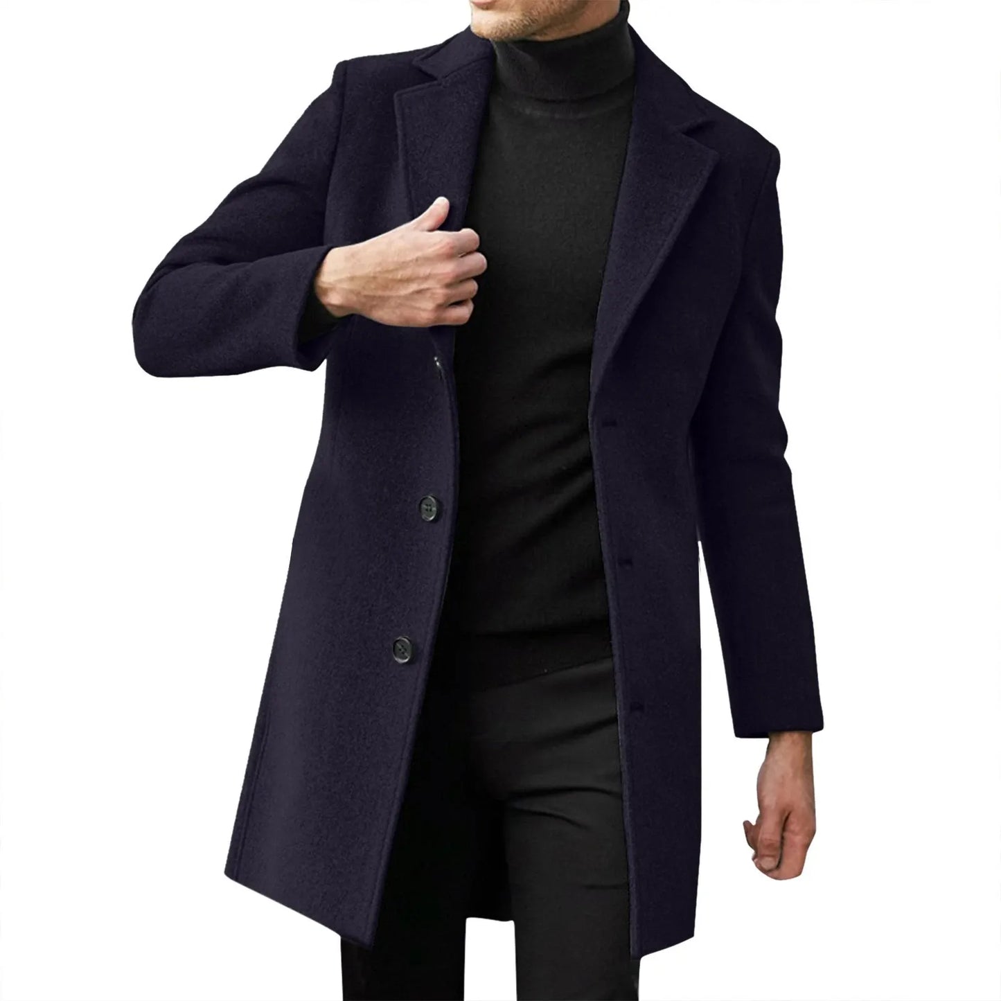 Men’s Single-Breasted Trench Coat – Classic Notch Lapel Long Pea Overcoat for Casual & Formal Wear