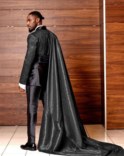 3 Piece Slim Fit Floral Prom Suit for Men – Stylish Tuxedo Set with Detachable Satin Cape & Shawl Collar Blazer