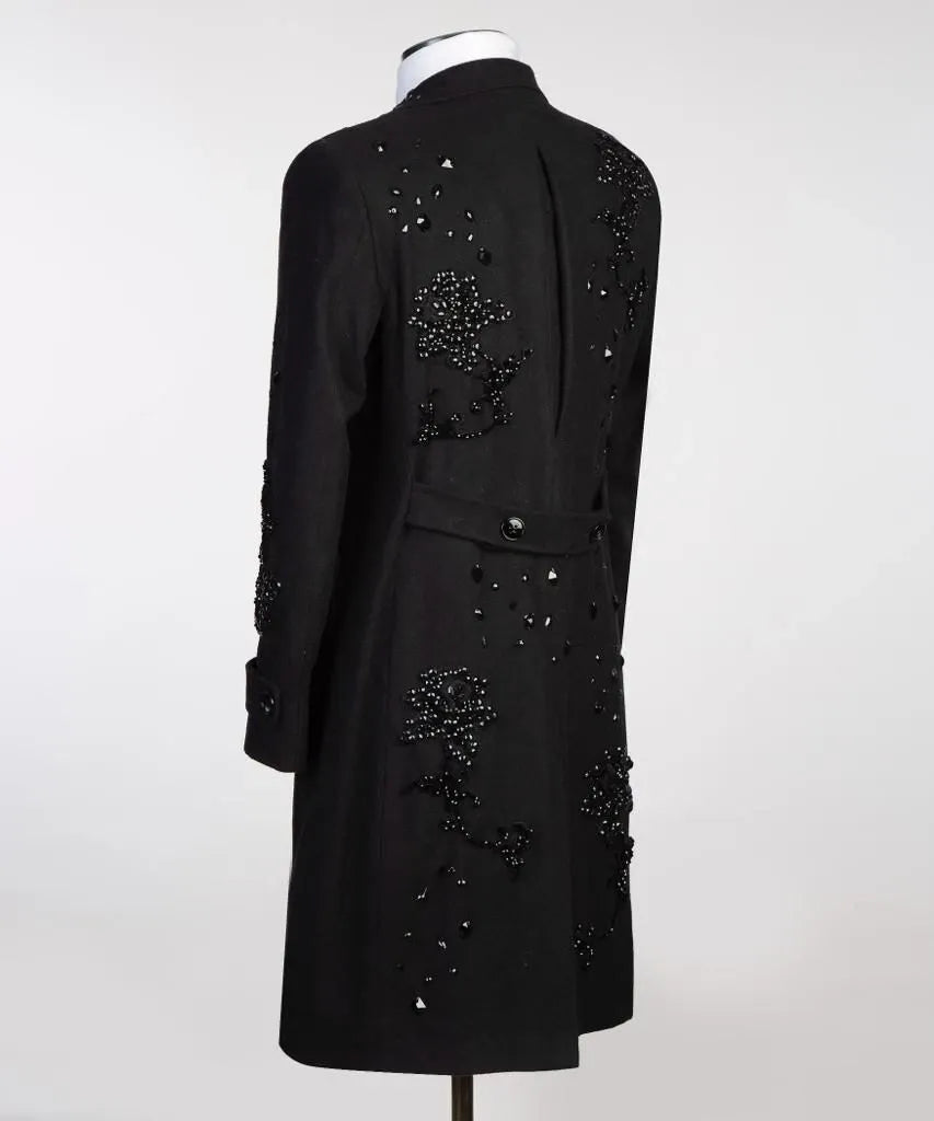 New Luxury Diamond Black Wool Overcoat for Men Formal Wedding Business Long Coat