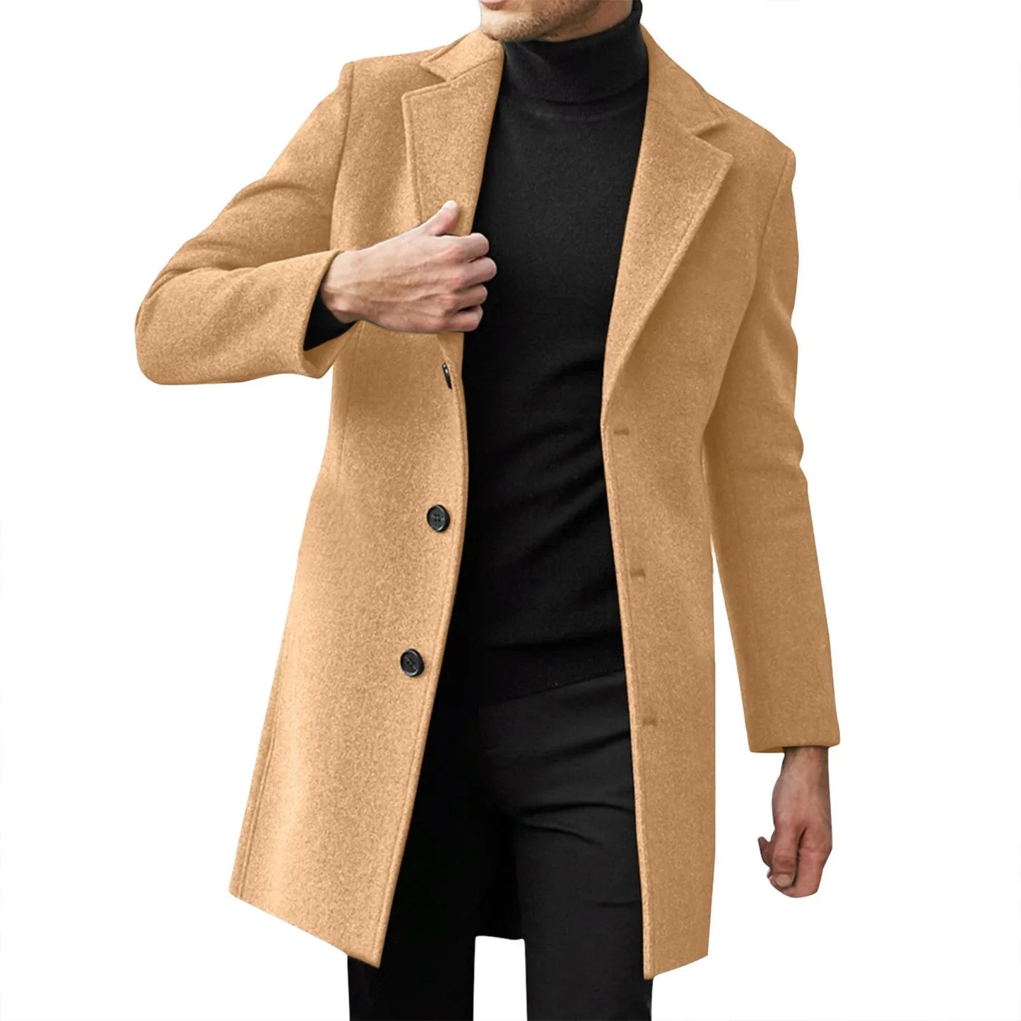 Men’s Single-Breasted Trench Coat – Classic Notch Lapel Long Pea Overcoat for Casual & Formal Wear