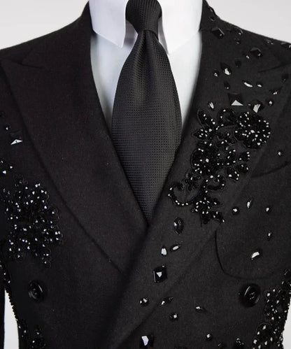 New Luxury Diamond Black Wool Overcoat for Men Formal Wedding Business Long Coat