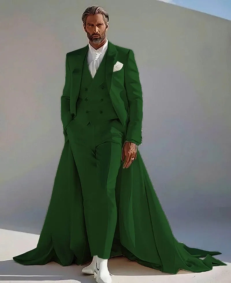 Men's Fashion 3-Piece Suit – Long Train Jacket, Vest & Pants for Red Banquet & Wedding