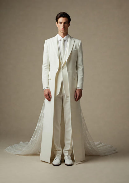 Men's Wedding Suit with Detachable Lace Veil and Sleeveless Jacket – Elegant Formalwear for Groom