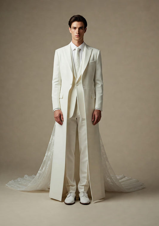 Men's Wedding Suit with Detachable Lace Veil and Sleeveless Jacket – Elegant Formalwear for Groom