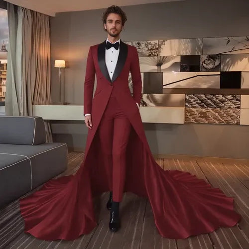 Men’s Long Train Suit – Single Breasted 2-Piece Formal Outfit for Wedding, Party, and Banquet