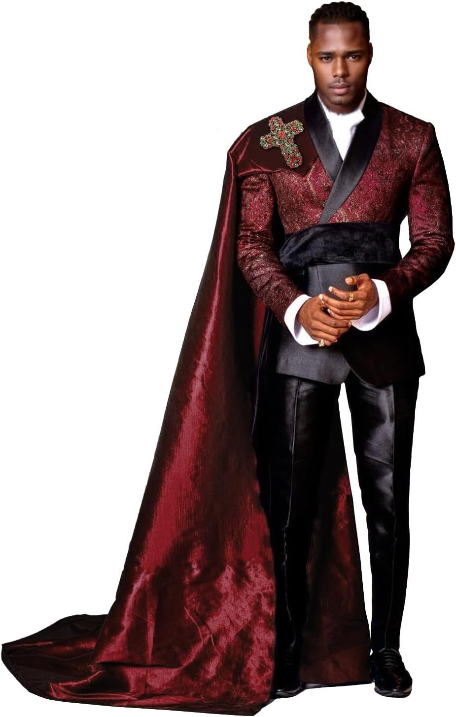 3 Piece Slim Fit Floral Prom Suit for Men – Stylish Tuxedo Set with Detachable Satin Cape & Shawl Collar Blazer