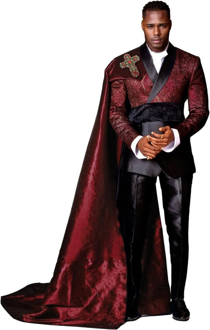 3 Piece Slim Fit Floral Prom Suit for Men – Stylish Tuxedo Set with Detachable Satin Cape & Shawl Collar Blazer