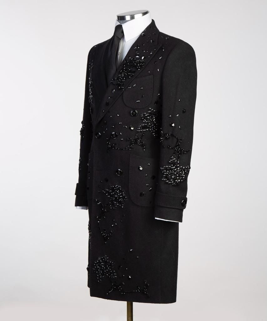 New Luxury Diamond Black Wool Overcoat for Men Formal Wedding Business Long Coat