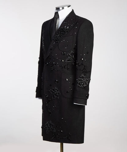 New Luxury Diamond Black Wool Overcoat for Men Formal Wedding Business Long Coat