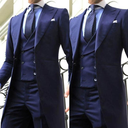 Men’s Double Breasted Suit with Long Tail Vest – Elegant Wide Peak Lapel Blazer for Formal & Wedding Wear