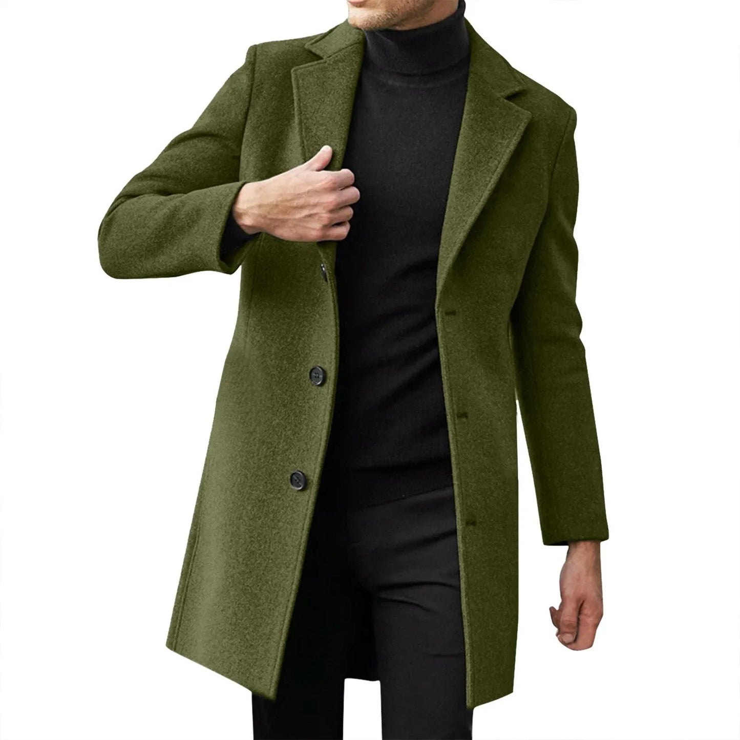 Men’s Single-Breasted Trench Coat – Classic Notch Lapel Long Pea Overcoat for Casual & Formal Wear