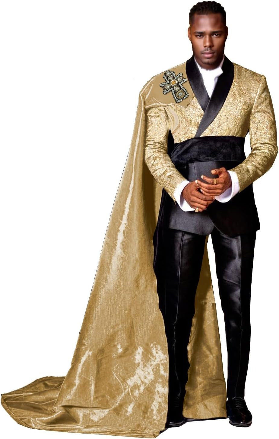 3 Piece Slim Fit Floral Prom Suit for Men – Stylish Tuxedo Set with Detachable Satin Cape & Shawl Collar Blazer