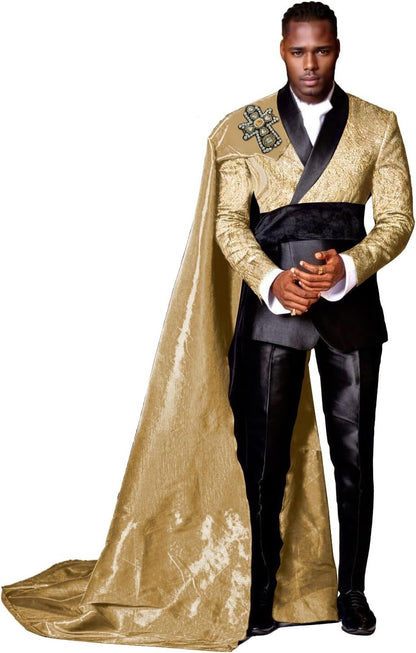 3 Piece Slim Fit Floral Prom Suit for Men – Stylish Tuxedo Set with Detachable Satin Cape & Shawl Collar Blazer