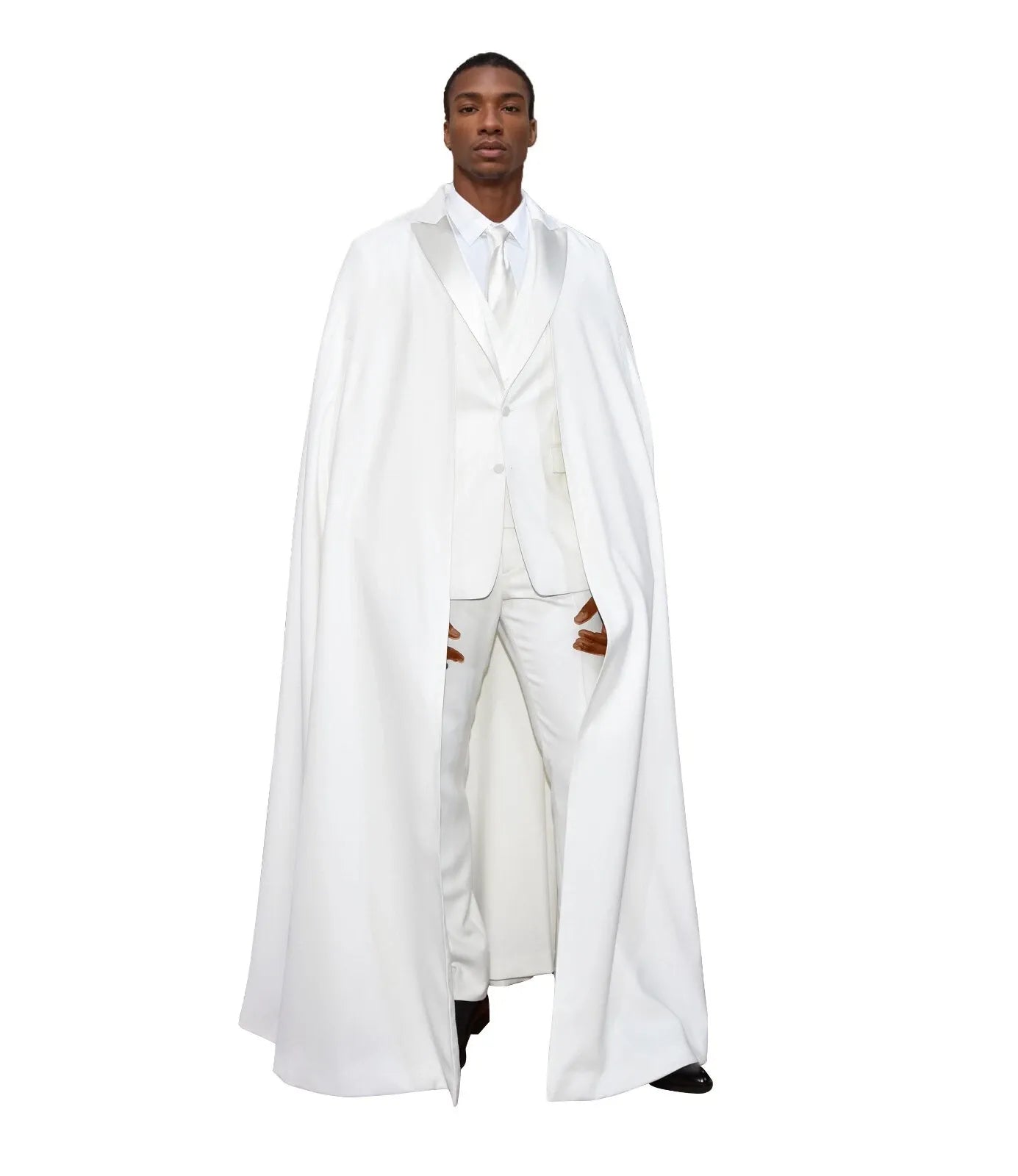 Fashion Show Men’s Slim Fit Suit with Cape – Single Breasted Peak Lapel Tuxedo for Formal Events