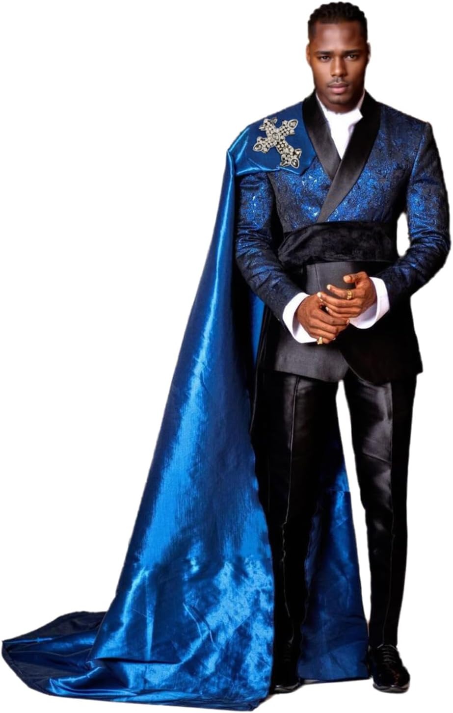 3 Piece Slim Fit Floral Prom Suit for Men – Stylish Tuxedo Set with Detachable Satin Cape & Shawl Collar Blazer