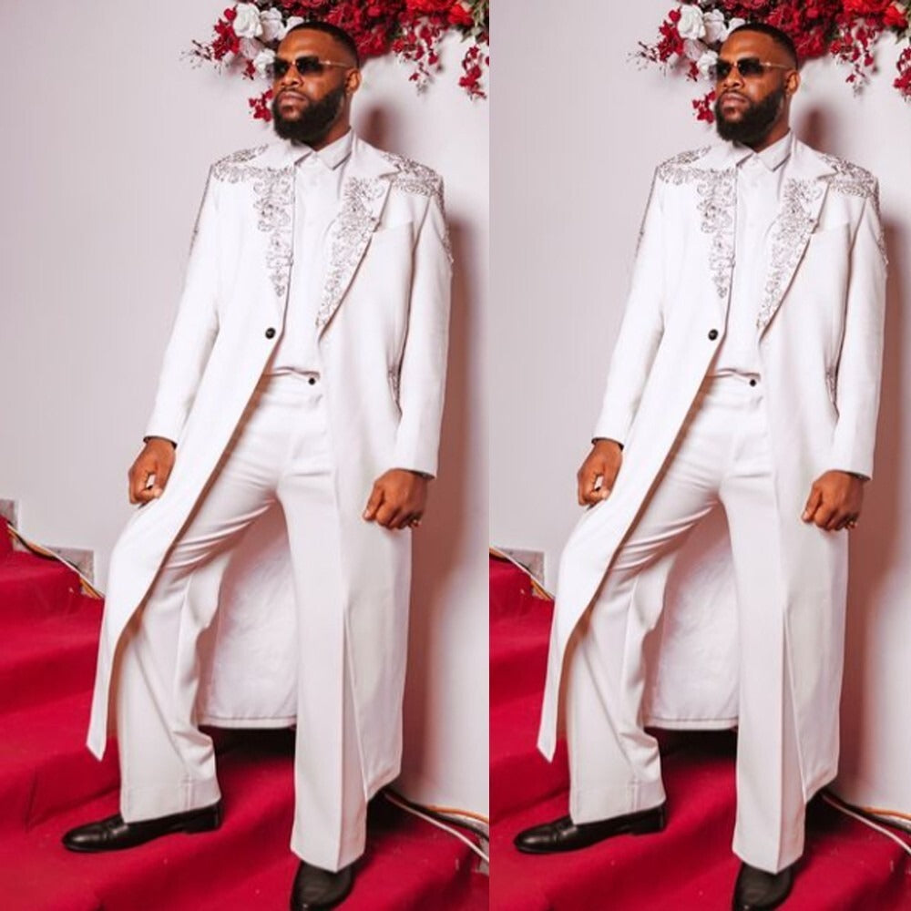 Fashion Men's Long Overcoat Suit with Beaded Details – Elegant Wedding & Party Groom Tuxedo Set with Pants