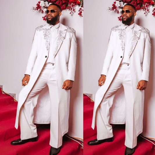 Fashion Men's Long Overcoat Suit with Beaded Details – Elegant Wedding & Party Groom Tuxedo Set with Pants