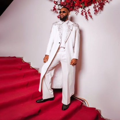 Fashion Men's Long Overcoat Suit with Beaded Details – Elegant Wedding & Party Groom Tuxedo Set with Pants