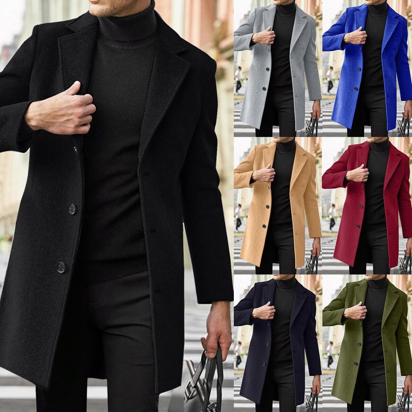 Men’s Single-Breasted Trench Coat – Classic Notch Lapel Long Pea Overcoat for Casual & Formal Wear