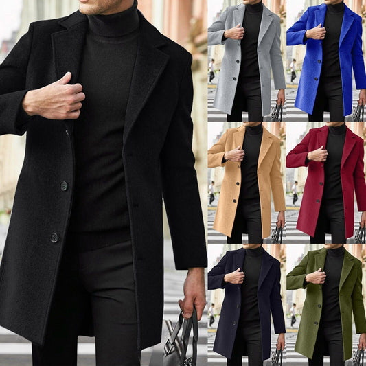 Men’s Single-Breasted Trench Coat – Classic Notch Lapel Long Pea Overcoat for Casual & Formal Wear