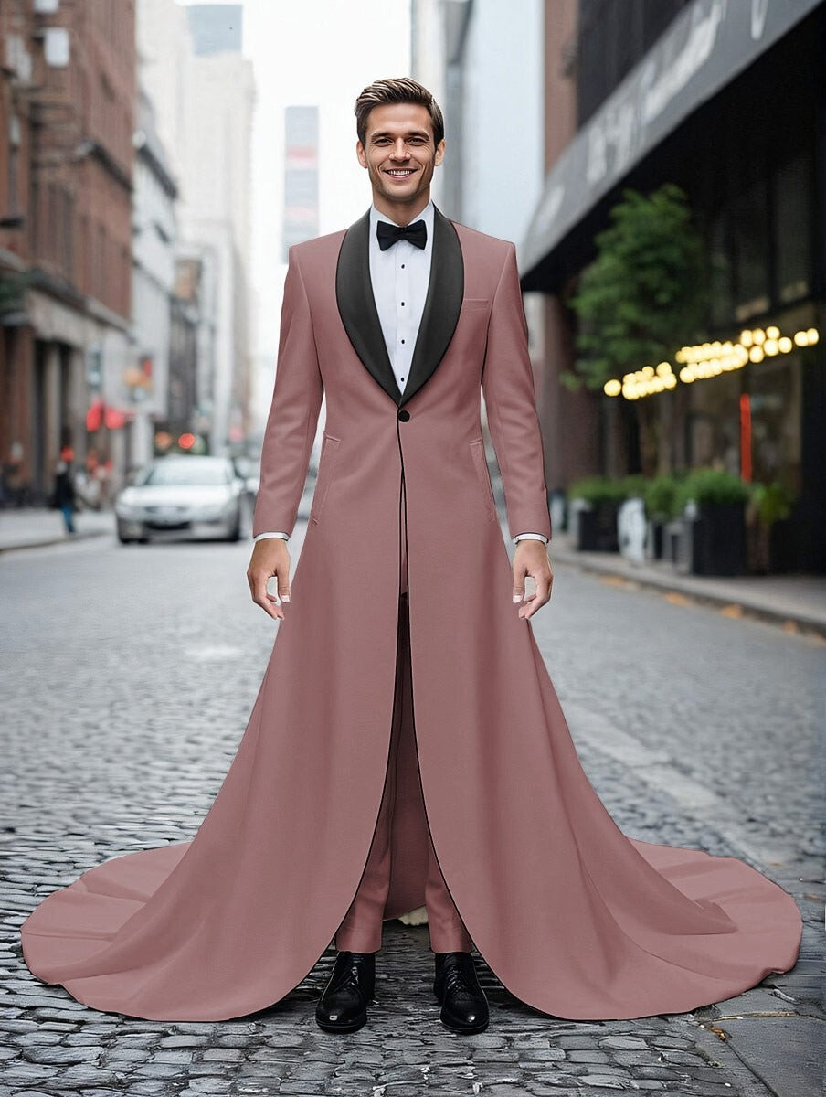Fashion Style Men's Long Train Jacket Pant Set – 2-Piece Single Breasted Church Tail Suit for Formal Events