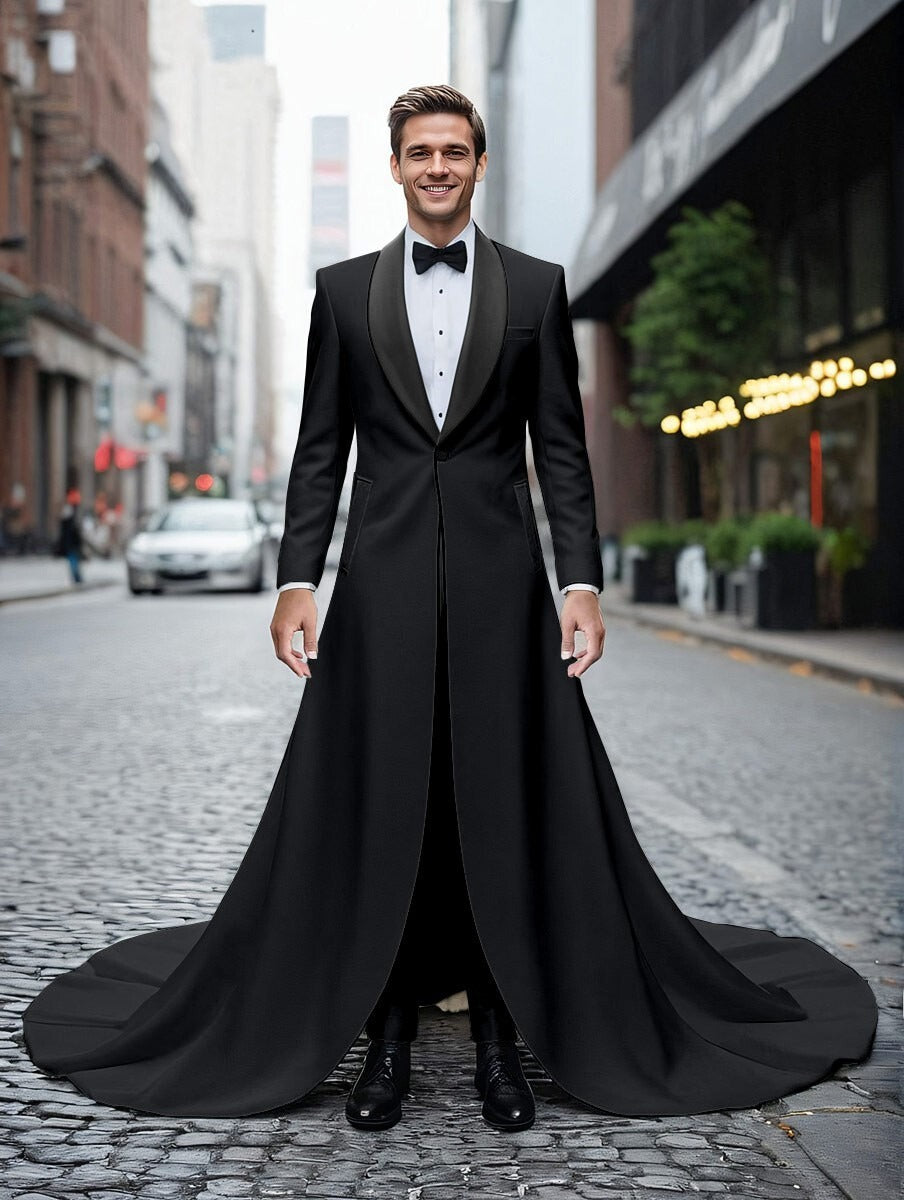 Fashion Style Men's Long Train Jacket Pant Set – 2-Piece Single Breasted Church Tail Suit for Formal Events