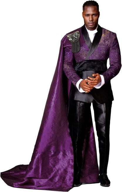 3 Piece Slim Fit Floral Prom Suit for Men – Stylish Tuxedo Set with Detachable Satin Cape & Shawl Collar Blazer