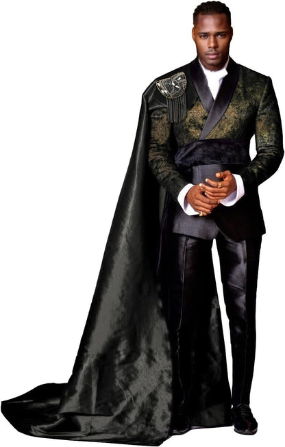 3 Piece Slim Fit Floral Prom Suit for Men – Stylish Tuxedo Set with Detachable Satin Cape & Shawl Collar Blazer