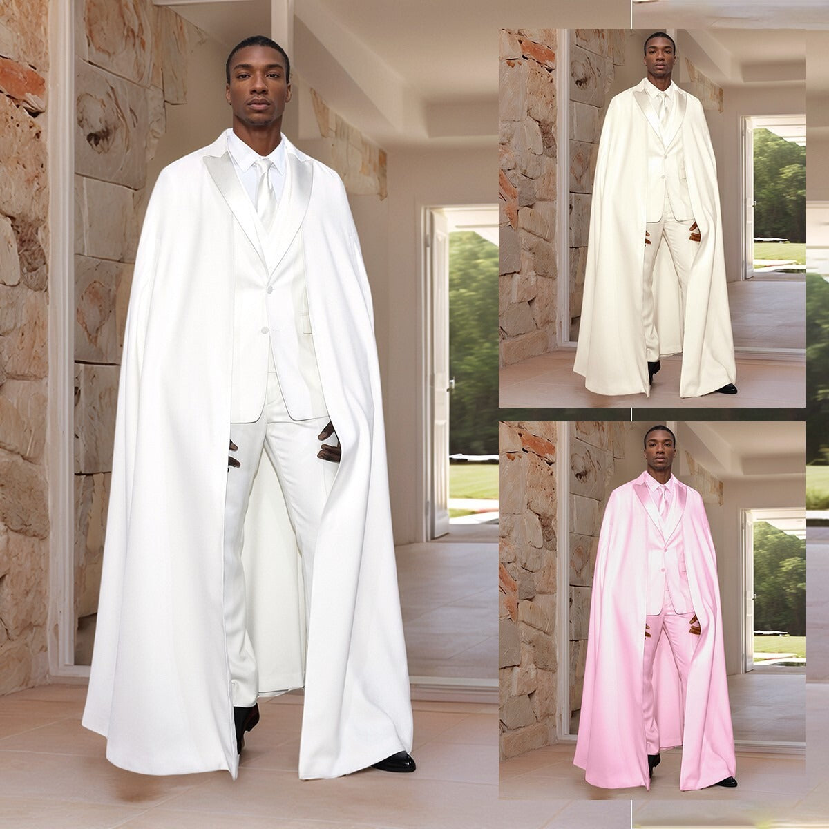 Fashion Show Men’s Slim Fit Suit with Cape – Single Breasted Peak Lapel Tuxedo for Formal Events