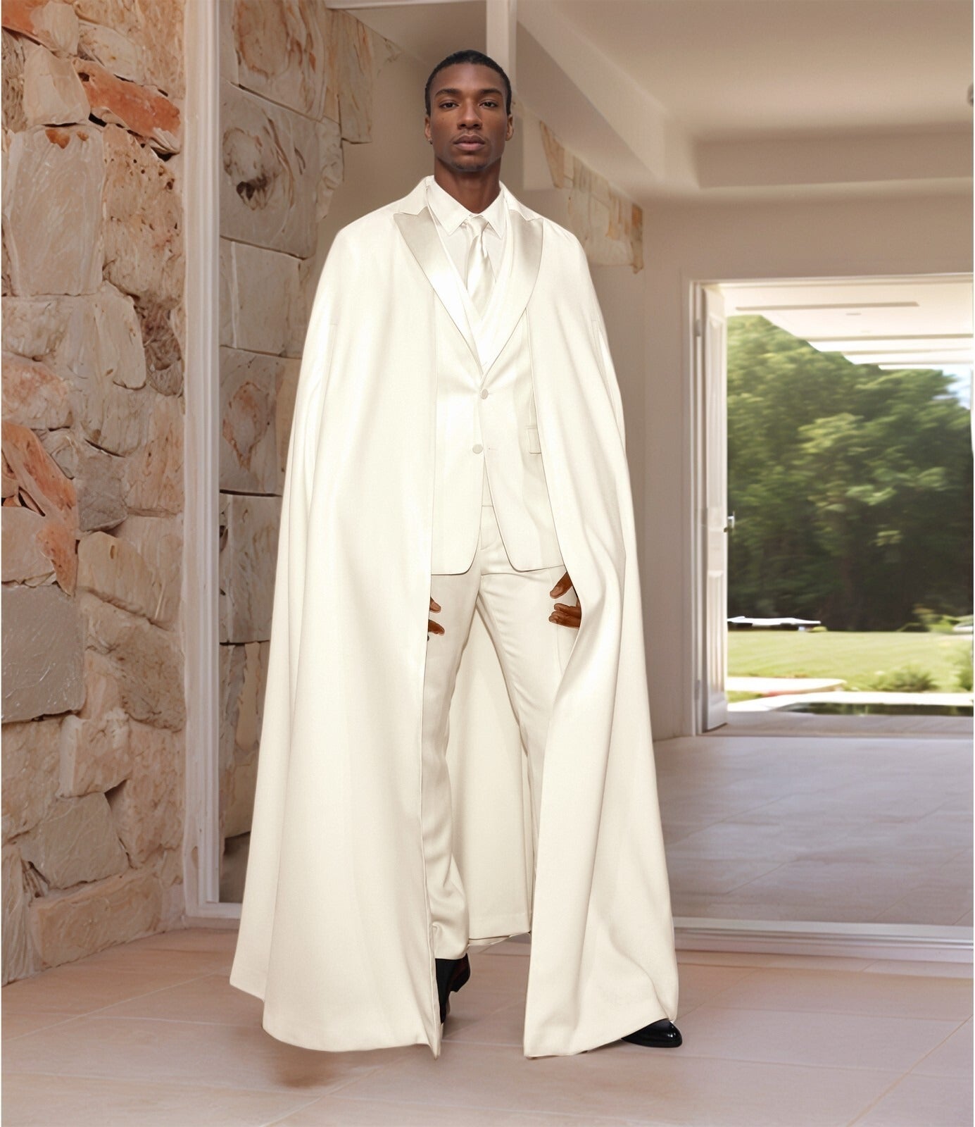 Fashion Show Men’s Slim Fit Suit with Cape – Single Breasted Peak Lapel Tuxedo for Formal Events