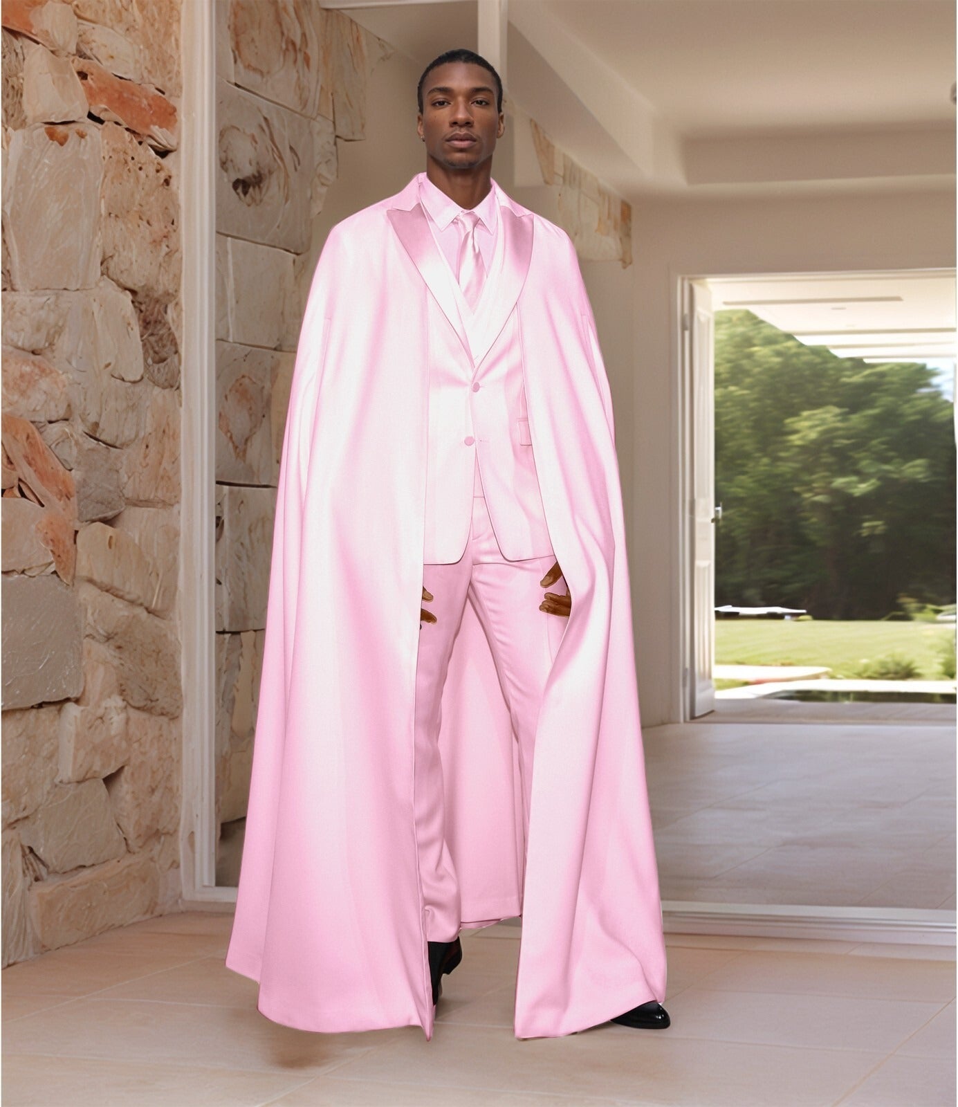 Fashion Show Men’s Slim Fit Suit with Cape – Single Breasted Peak Lapel Tuxedo for Formal Events