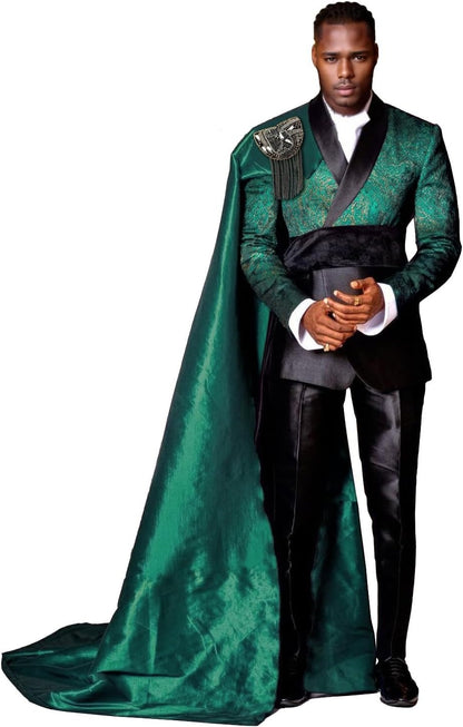 3 Piece Slim Fit Floral Prom Suit for Men – Stylish Tuxedo Set with Detachable Satin Cape & Shawl Collar Blazer