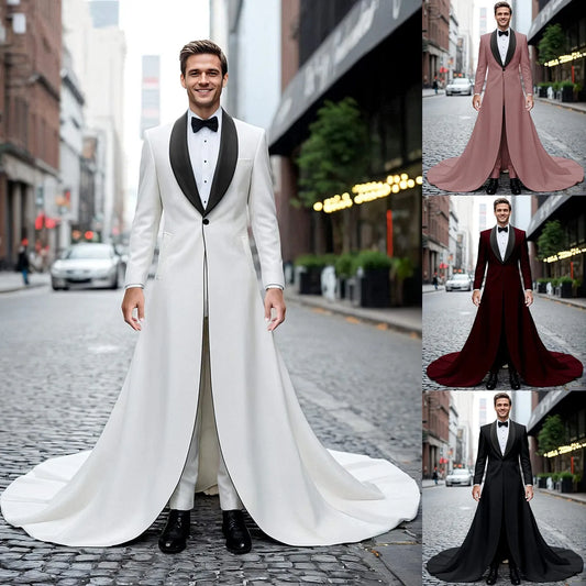 Fashion Style Men's Long Train Jacket Pant Set – 2-Piece Single Breasted Church Tail Suit for Formal Events