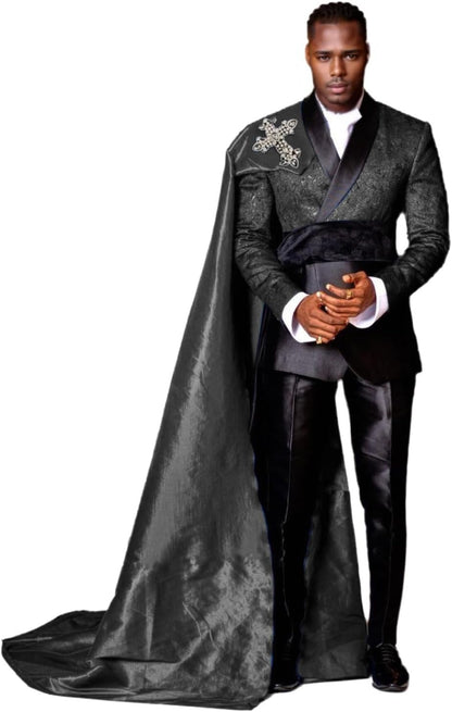 3 Piece Slim Fit Floral Prom Suit for Men – Stylish Tuxedo Set with Detachable Satin Cape & Shawl Collar Blazer