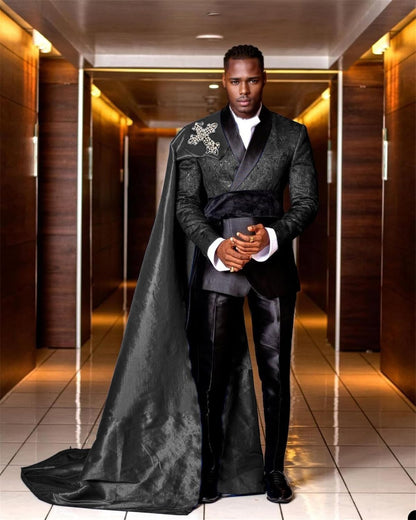 3 Piece Slim Fit Floral Prom Suit for Men – Stylish Tuxedo Set with Detachable Satin Cape & Shawl Collar Blazer