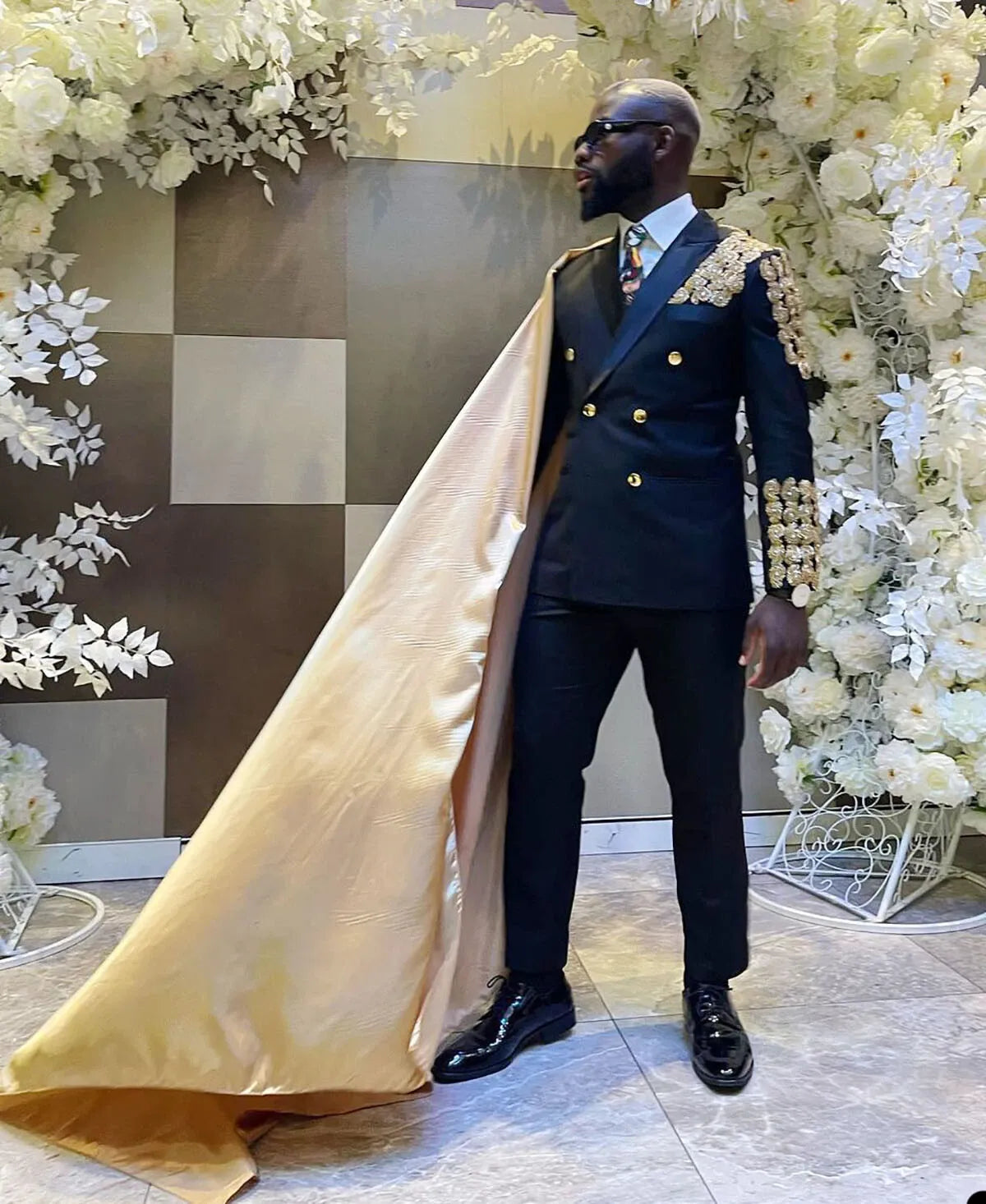 Men’s Formal Suit Jacket with Long Satin Cape – Custom Tailored Party Wear & Fashion Statement Outfit